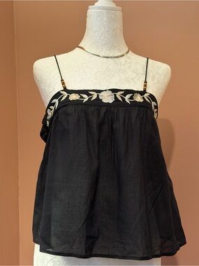 Love Notes Black Spaghetti-Strap Tank with Cream Floral Embroidery